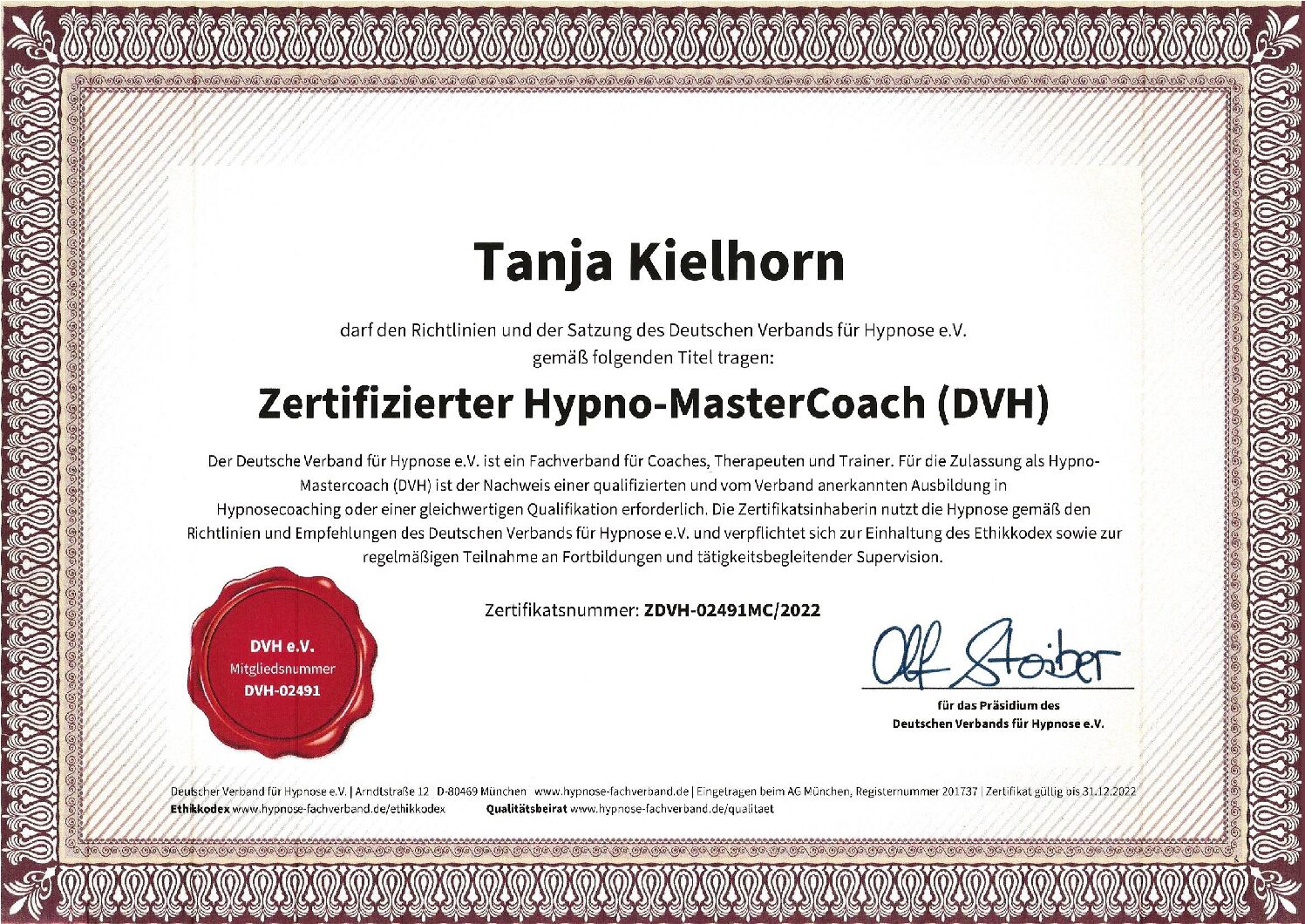 Zertifikat Hypno MasterCoach Tanja Kielhorn